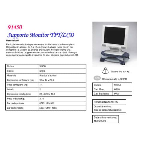 Supporto FELLOWES per monitor compatto TFT/LCD plastica e acrilico nero 29x42,5 cm - 91450